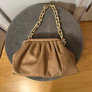 Tan faux leather bag with faux gold link chain